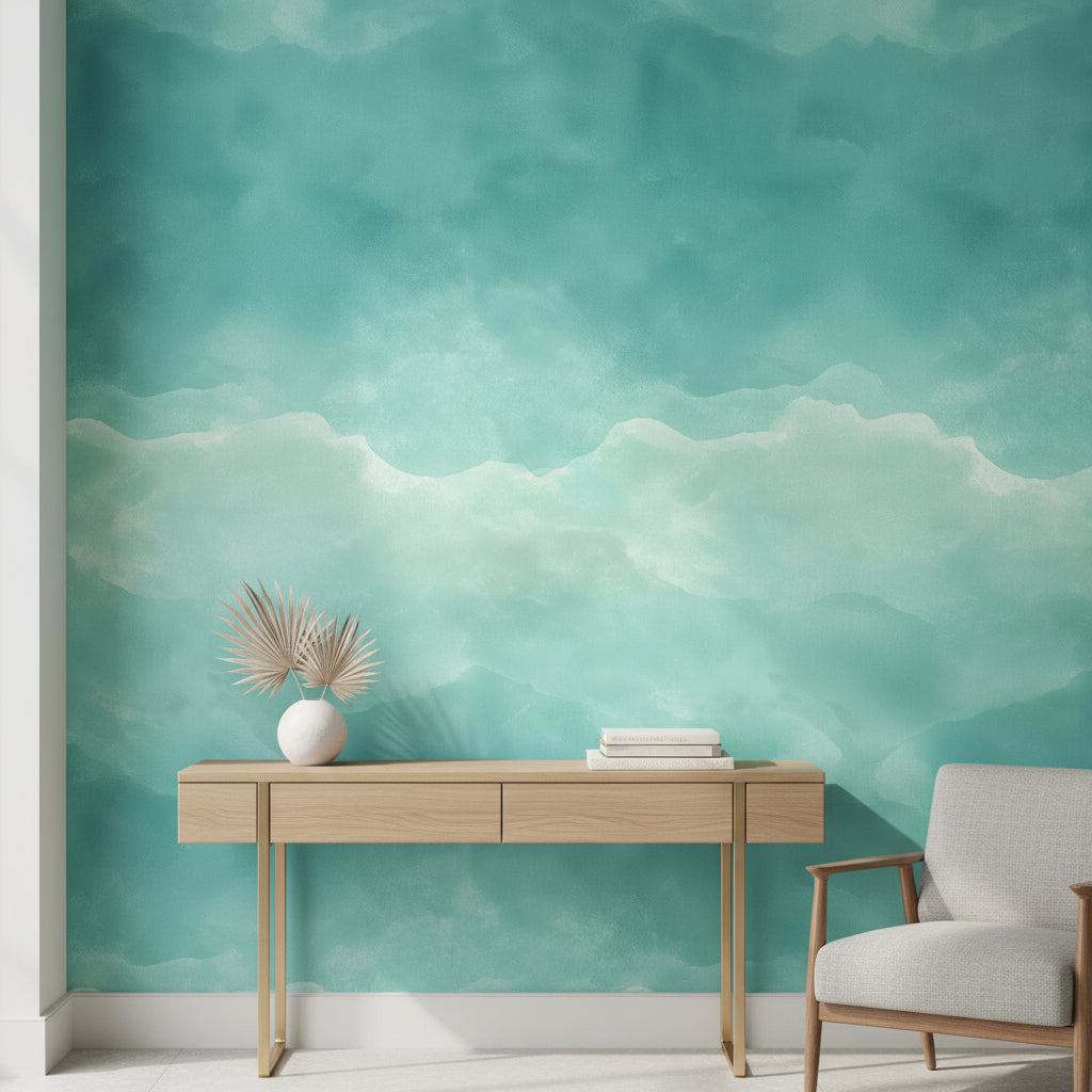Turkuaz Suluboya Bulutlu Poster Duvar Kağıdı Modern Salon