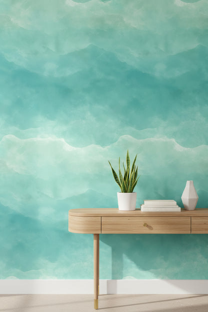 Turkuaz Suluboya Bulutlu Poster Duvar Kağıdı Modern Salon