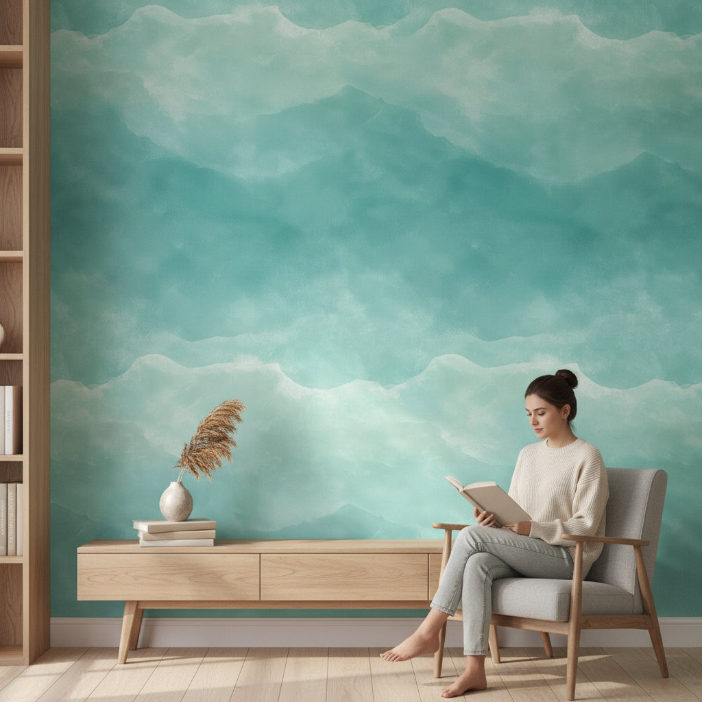Turkuaz Suluboya Bulutlu Poster Duvar Kağıdı Modern Salon