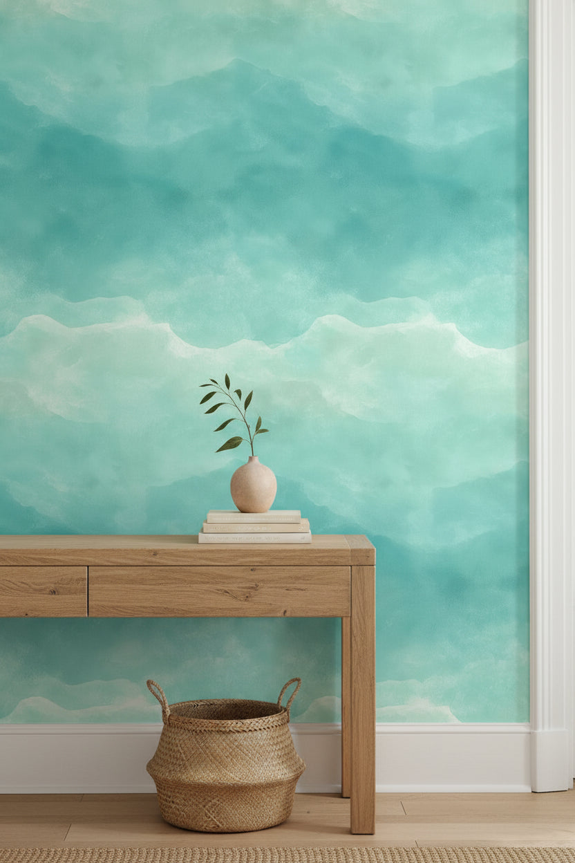 Turkuaz Suluboya Bulutlu Poster Duvar Kağıdı Modern Salon
