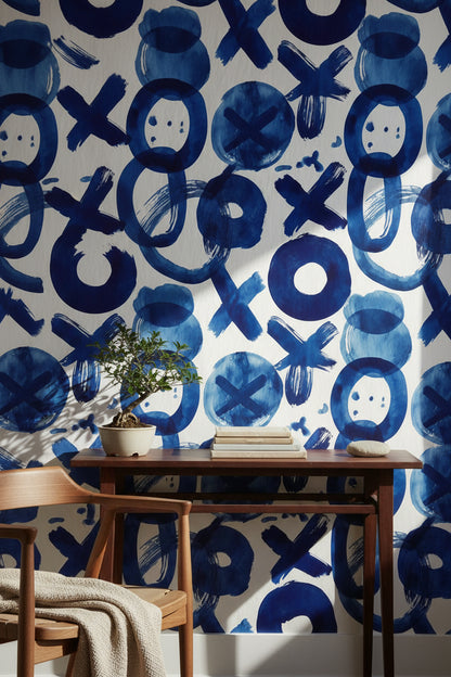 Mavi Soyut Geometrik Duvar Kağıdı Modern Salon Duvarı