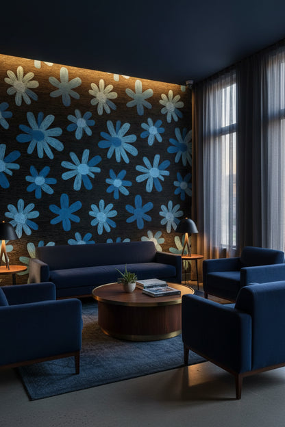 Mavi Papatyalı Duvar Kağıdı Siyah Zemin Modern Salon