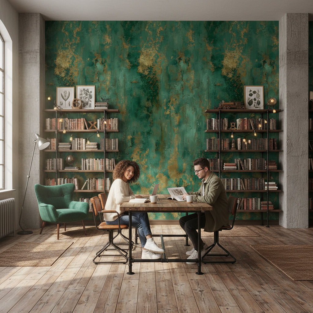 Eskitme Desenli Duvar Kağıdı Turkuaz Yeşil Endüstriyel Salon