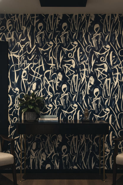 Soyut Figürlü Duvar Kağıdı Lacivert Krem Modern Salon