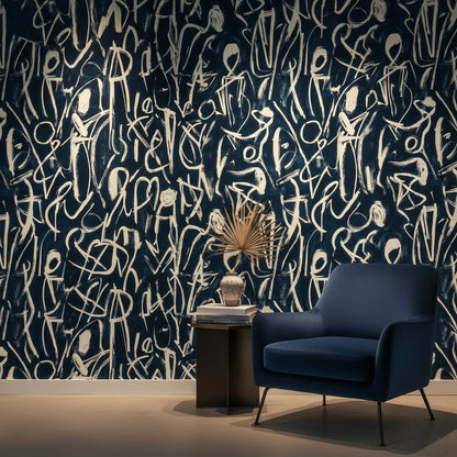 Soyut Figürlü Duvar Kağıdı Lacivert Krem Modern Salon