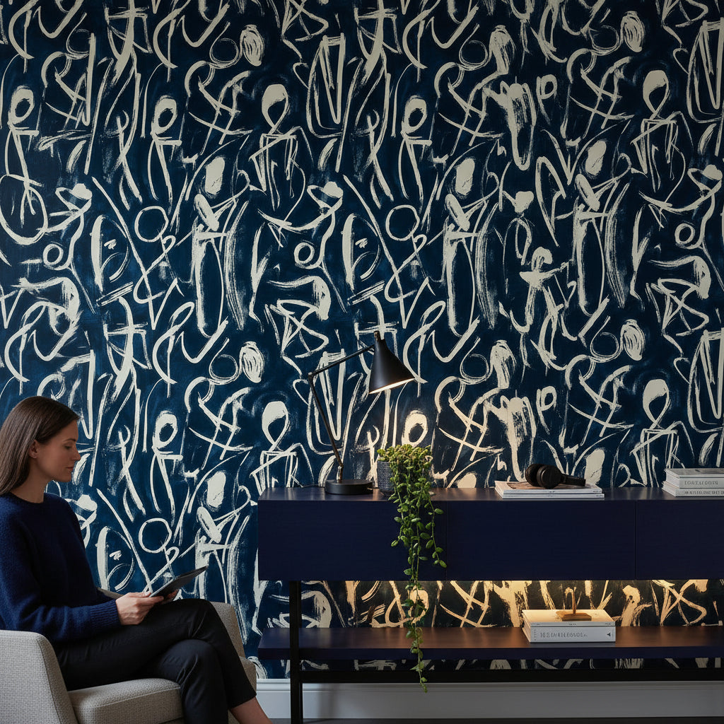 Soyut Figürlü Duvar Kağıdı Lacivert Krem Modern Salon