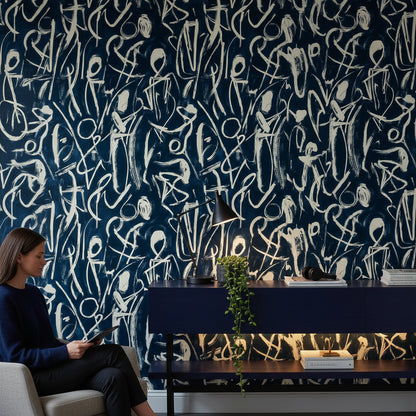 Soyut Figürlü Duvar Kağıdı Lacivert Krem Modern Salon