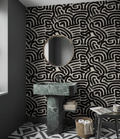Siyah Beyaz Labirent Desenli Duvar Kağıdı Modern Banyo Dekoru