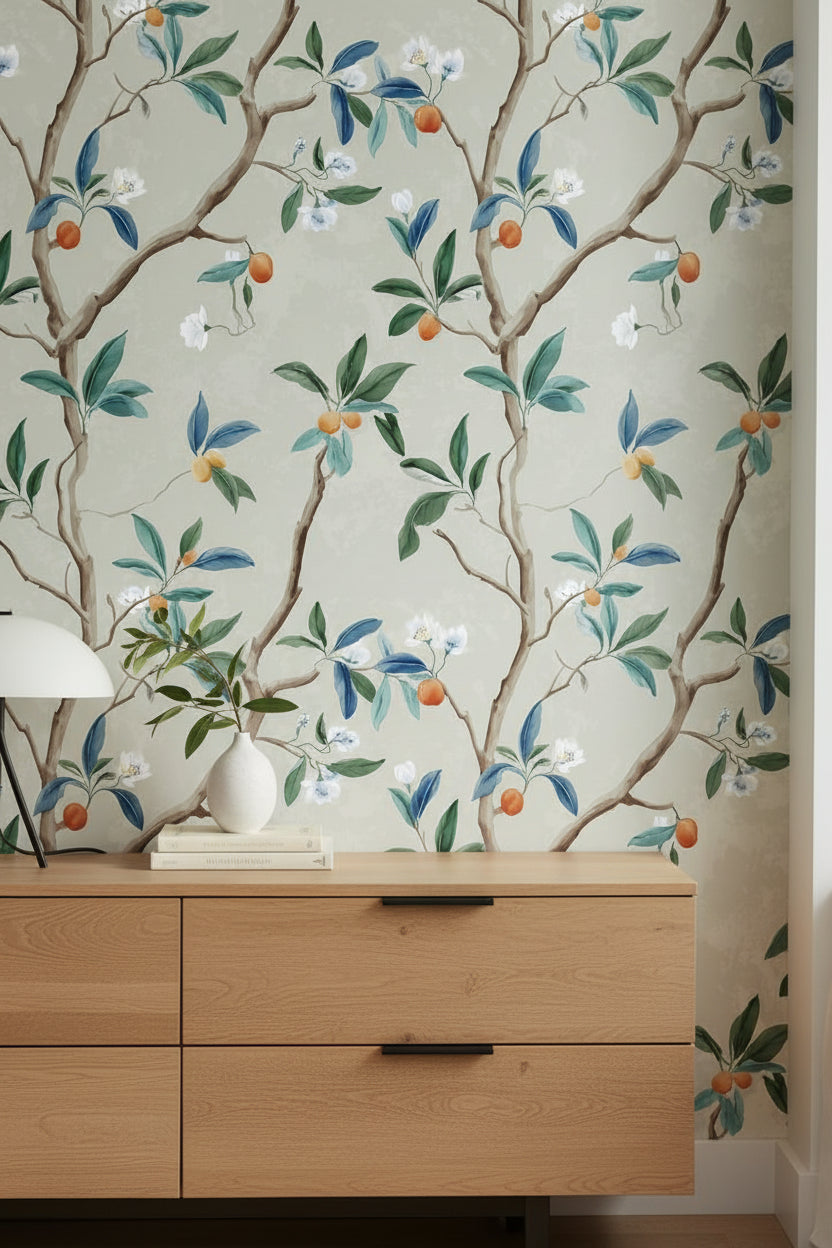 Narenciye Dallı Poster Duvar Kağıdı Yeşil Yapraklı Salon