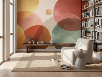 Soyut Daireli Poster Duvar Kağıdı Bej Turuncu Salon Dekoru