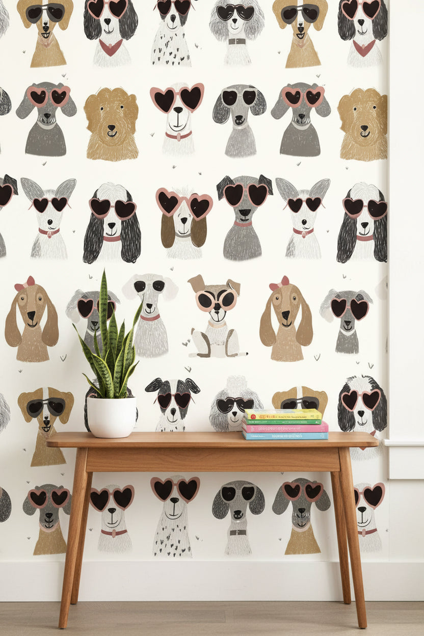 Kalpli Gözlüklü Köpekli Duvar Kağıdı Krem Çocuk Odası
