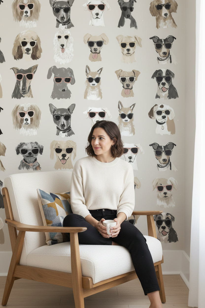 Gözlüklü Köpek Desenli Duvar Kağıdı Bej Çocuk Odası