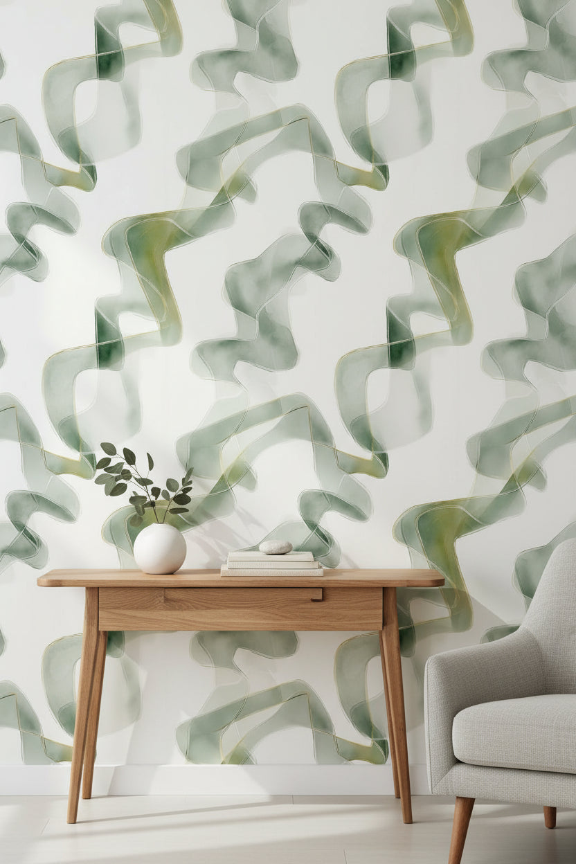 Soyut Dalgalı Çizgili Duvar Kağıdı Yeşil Krem Salon