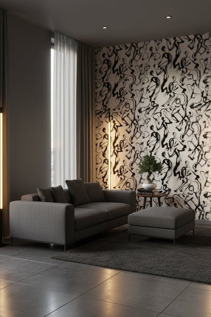 Soyut Figürlü Duvar Kağıdı Siyah Beyaz Çizim Salon