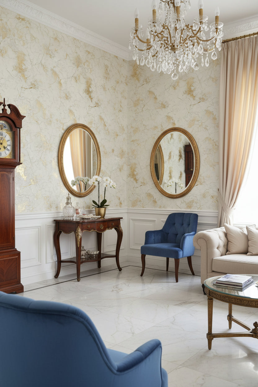 Altın Desenli Mermer Görünümlü Duvar Kağıdı Krem Salon