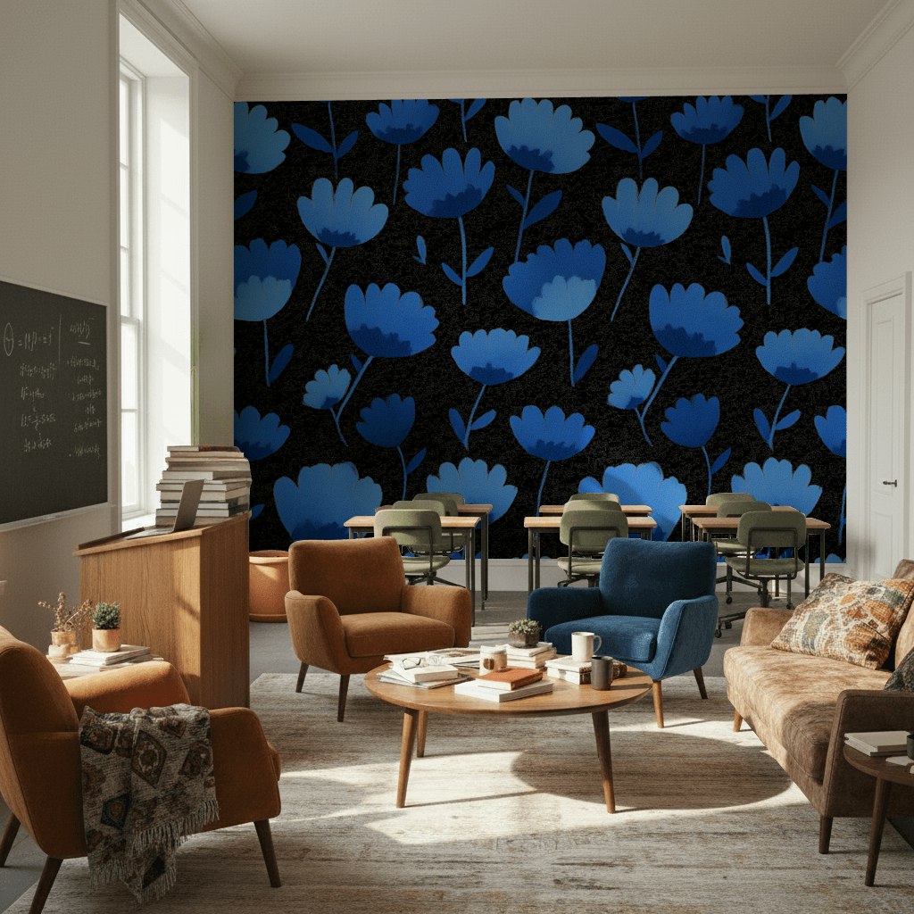 Lacivert Zemin Mavi Çiçekli Duvar Kağıdı Modern Salon