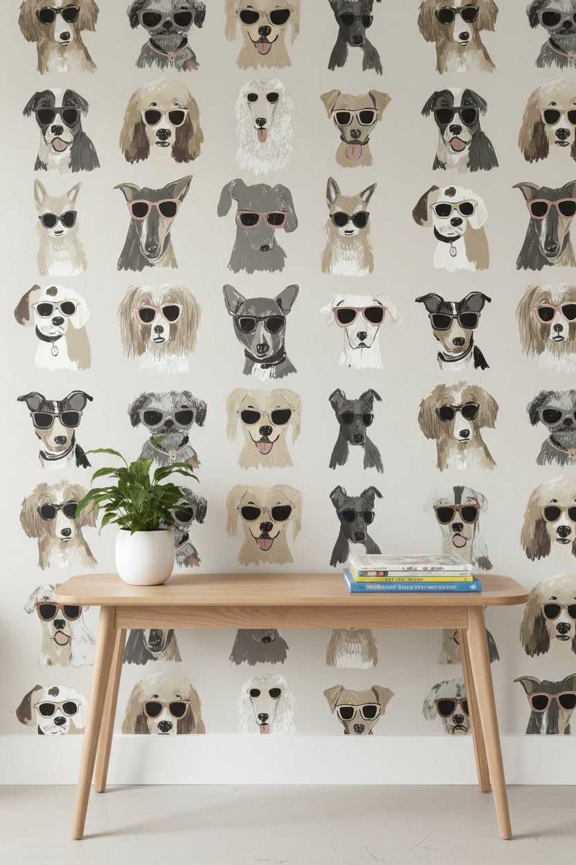 Gözlüklü Köpek Desenli Duvar Kağıdı Bej Çocuk Odası