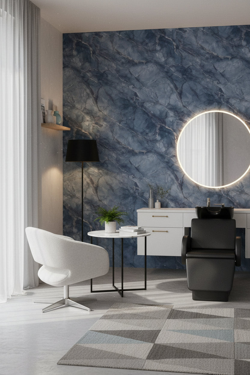 Lacivert Mermer Desenli Duvar Kağıdı Modern Salon Dekoru