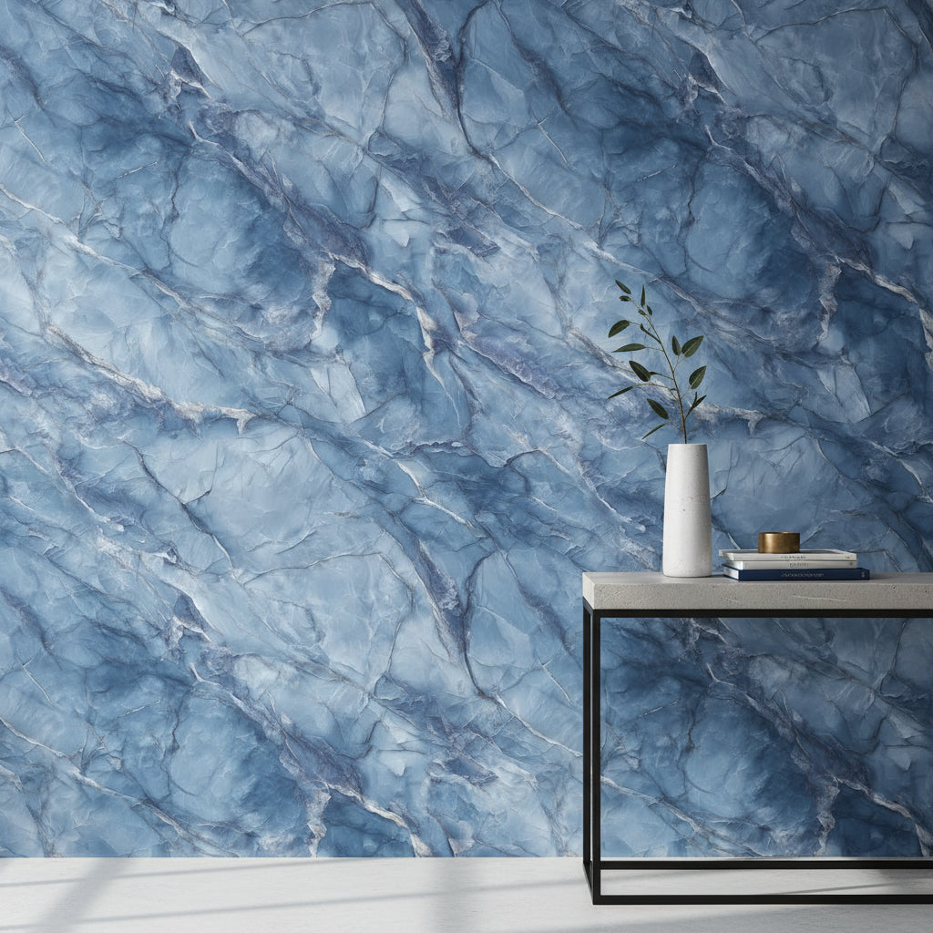Lacivert Mermer Desenli Duvar Kağıdı Modern Salon Dekoru