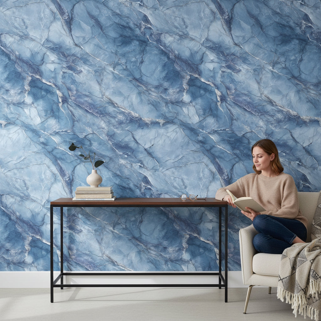 Lacivert Mermer Desenli Duvar Kağıdı Modern Salon Dekoru