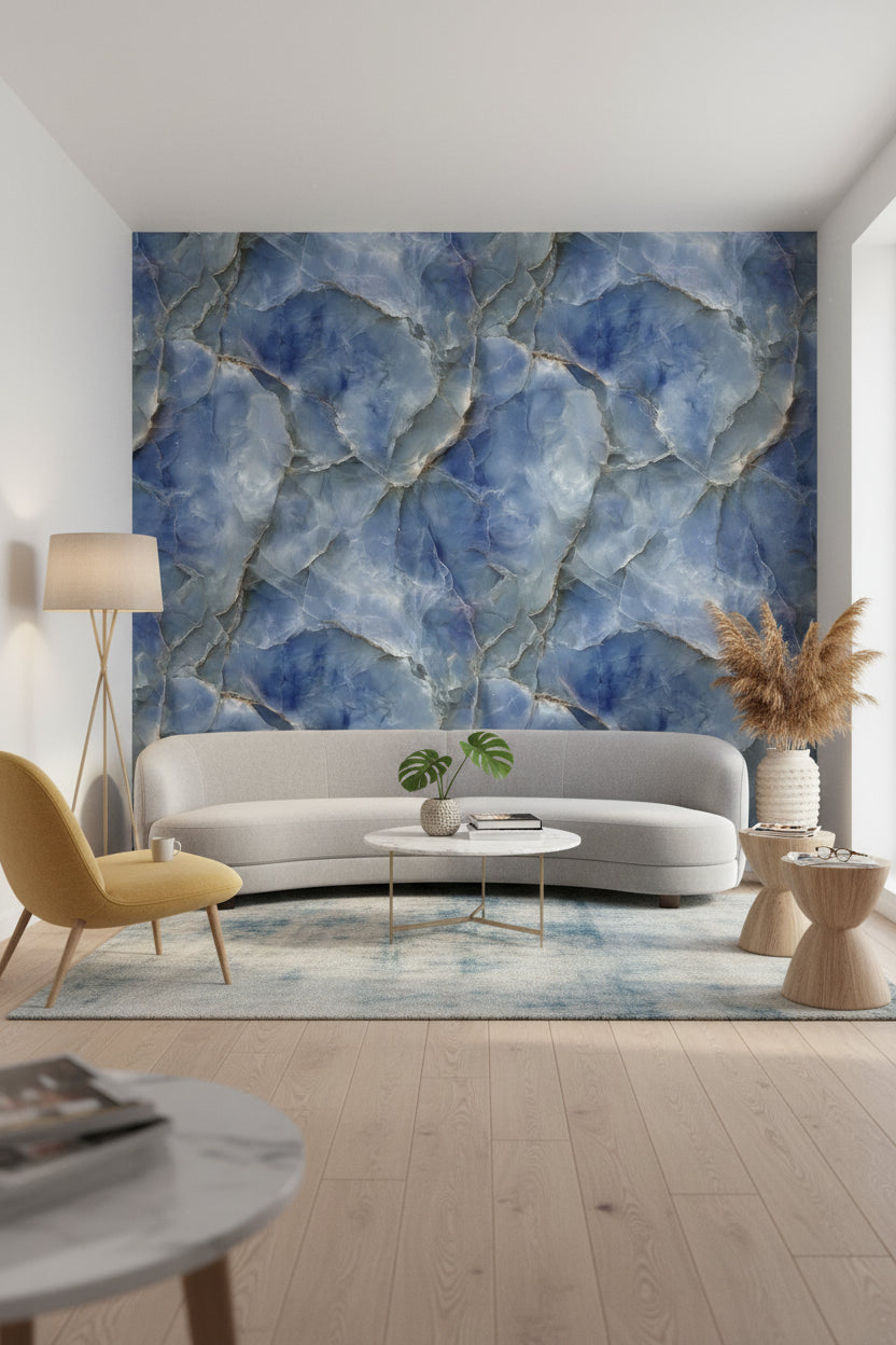 Mavi Mermer Desenli Duvar Kağıdı Modern Salon Duvarı