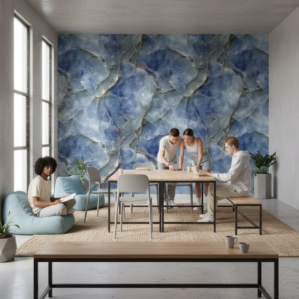 Mavi Mermer Desenli Duvar Kağıdı Modern Salon Duvarı