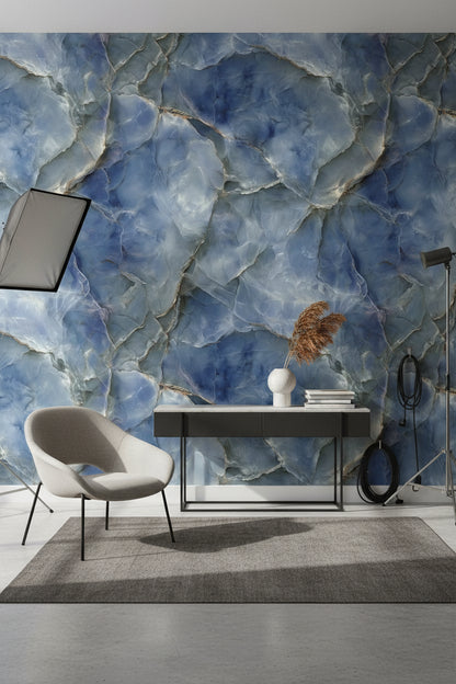 Mavi Mermer Desenli Duvar Kağıdı Modern Salon Duvarı
