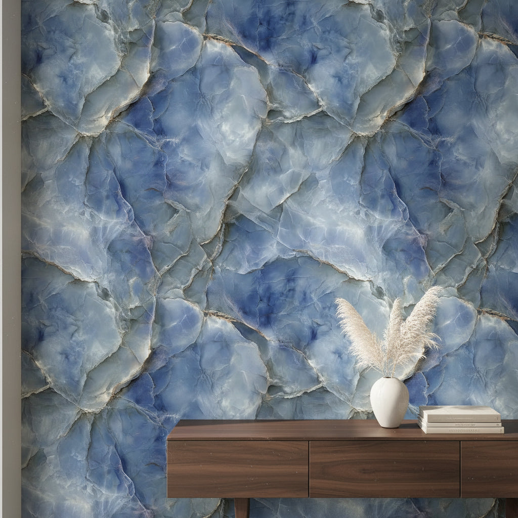 Mavi Mermer Desenli Duvar Kağıdı Modern Salon Duvarı