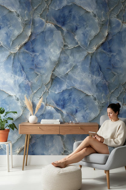 Mavi Mermer Desenli Duvar Kağıdı Modern Salon Duvarı
