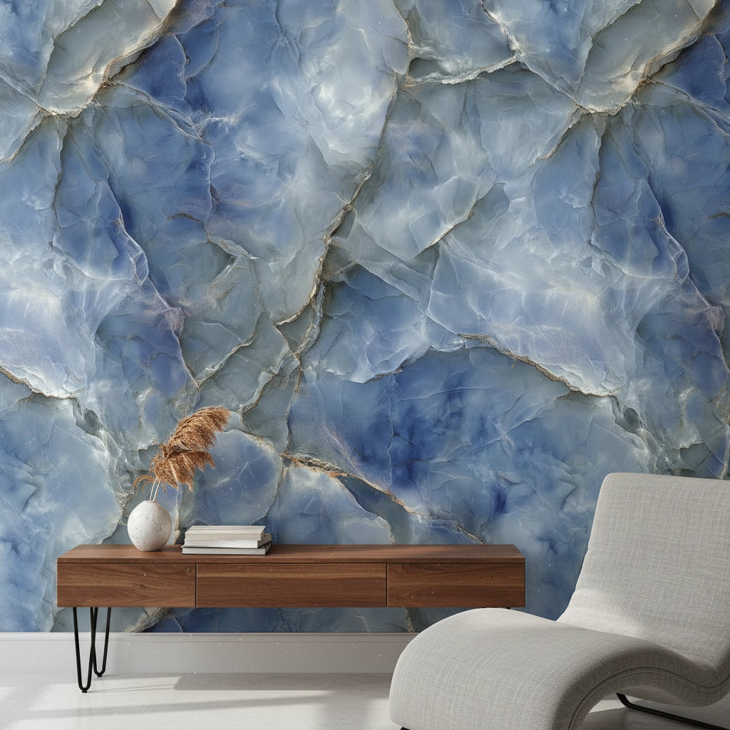 Mavi Mermer Desenli Duvar Kağıdı Modern Salon Duvarı