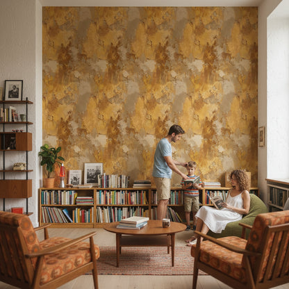 Mermer Efektli Duvar Kağıdı Altın Sarı Desenli Salon