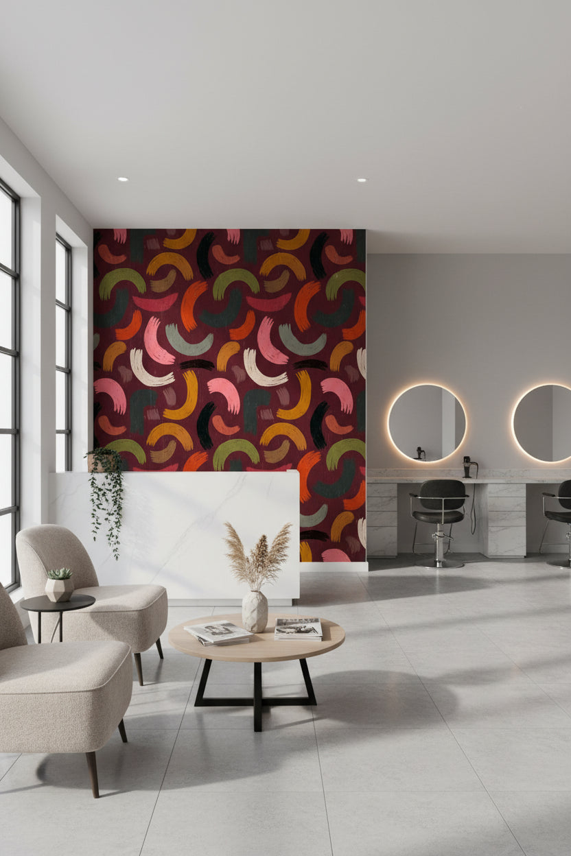 Soyut Fırça Darbeli Duvar Kağıdı Bordo Zemin Salon
