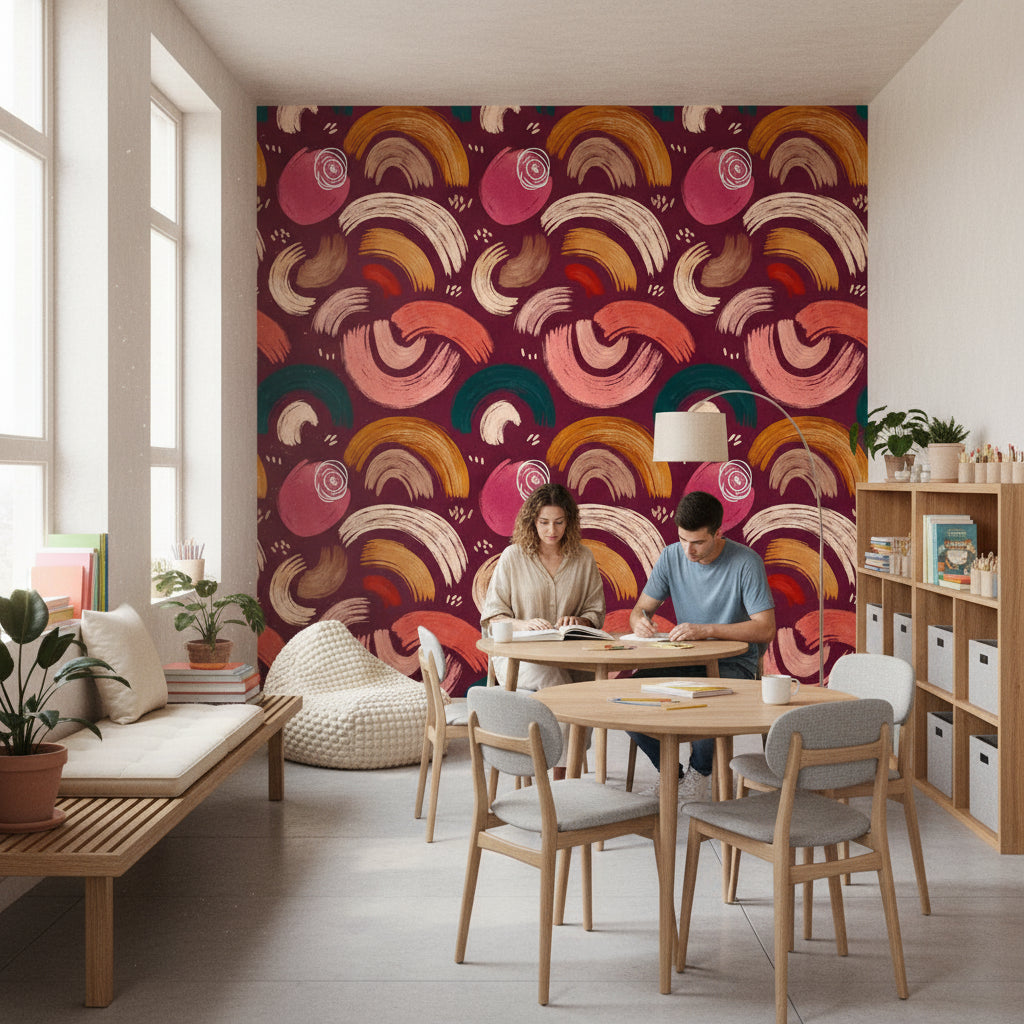 Soyut Fırça Darbeli Duvar Kağıdı Bordo Modern Salon Deseni