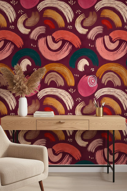 Soyut Fırça Darbeli Duvar Kağıdı Bordo Modern Salon Deseni