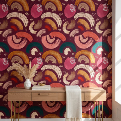 Soyut Fırça Darbeli Duvar Kağıdı Bordo Modern Salon Deseni