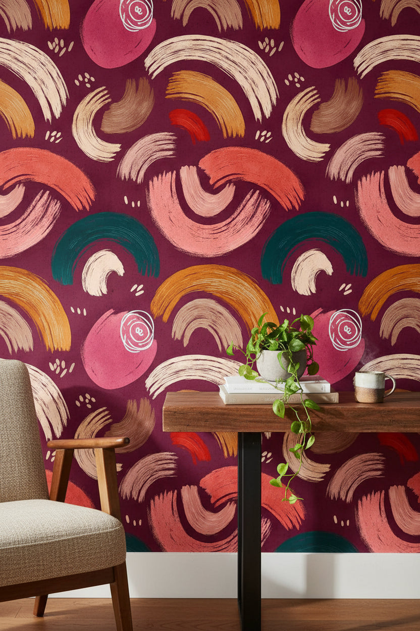 Soyut Fırça Darbeli Duvar Kağıdı Bordo Modern Salon Deseni
