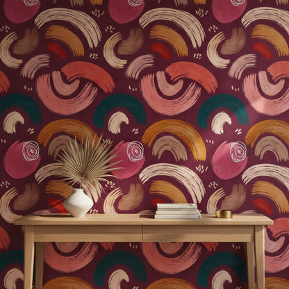 Soyut Fırça Darbeli Duvar Kağıdı Bordo Modern Salon Deseni