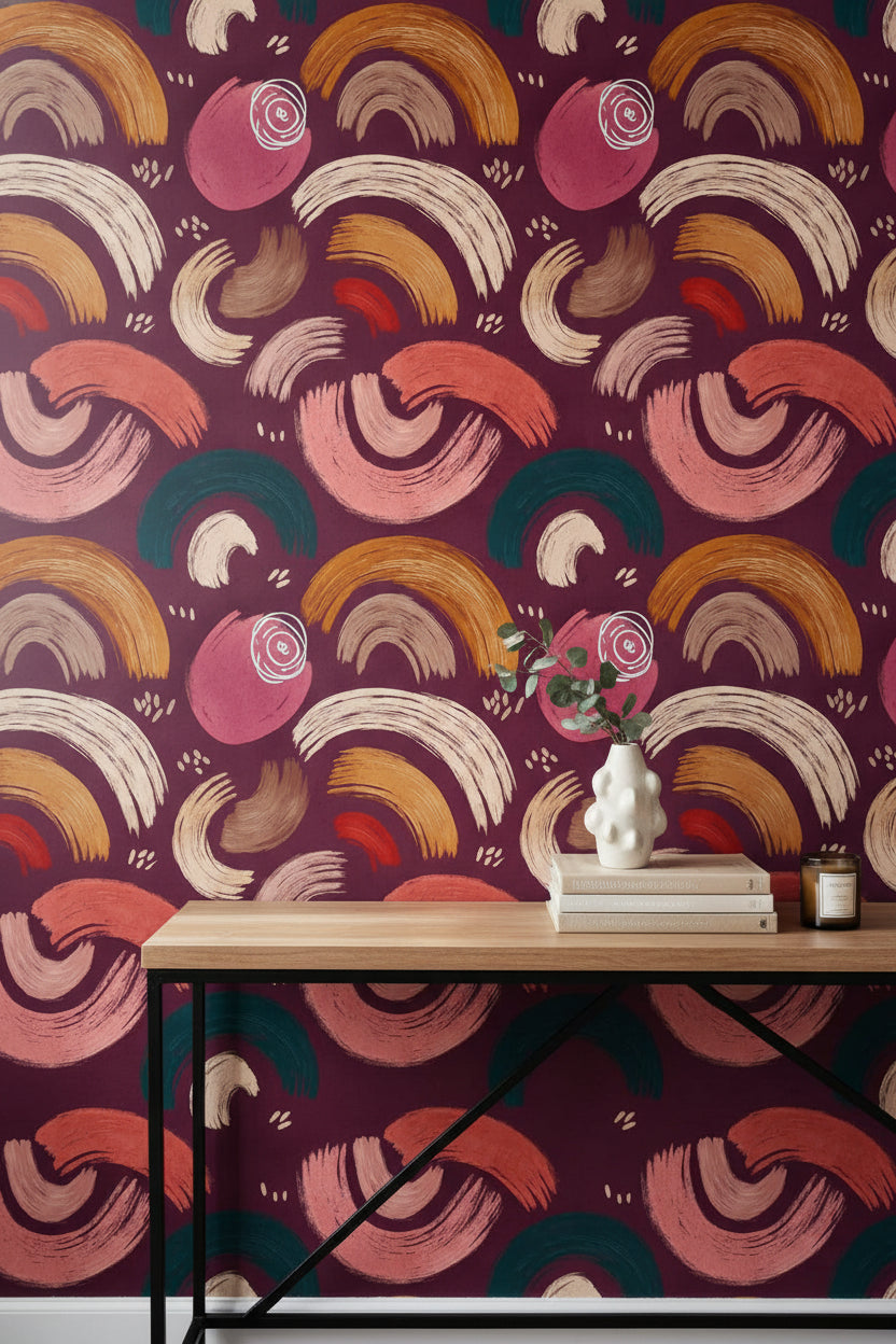 Soyut Fırça Darbeli Duvar Kağıdı Bordo Modern Salon Deseni
