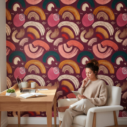 Soyut Fırça Darbeli Duvar Kağıdı Bordo Modern Salon Deseni
