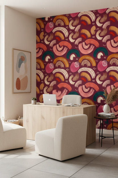 Soyut Fırça Darbeli Duvar Kağıdı Bordo Modern Salon Deseni