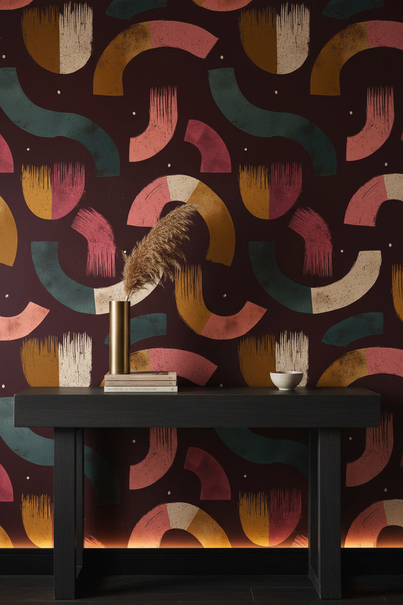 Soyut Geometrik Duvar Kağıdı Bordo Zemin Renkli Desen