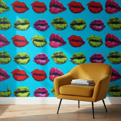 Renkli Dudak Desenli Duvar Kağıdı Turkuaz Pop Art