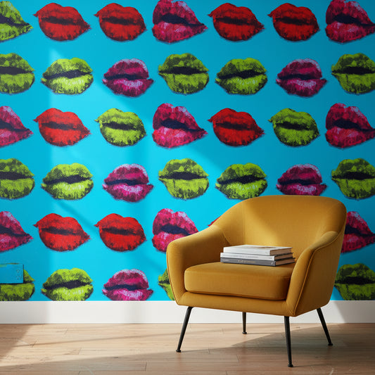 Renkli Dudak Desenli Duvar Kağıdı Turkuaz Pop Art