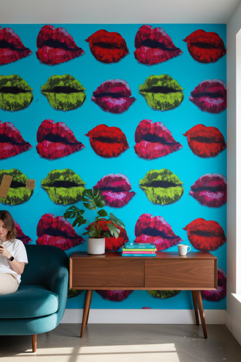 Renkli Dudak Desenli Duvar Kağıdı Turkuaz Pop Art