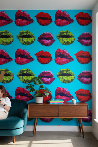 Renkli Dudak Desenli Duvar Kağıdı Turkuaz Pop Art