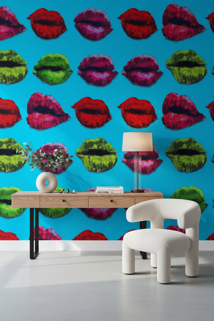 Renkli Dudak Desenli Duvar Kağıdı Turkuaz Pop Art