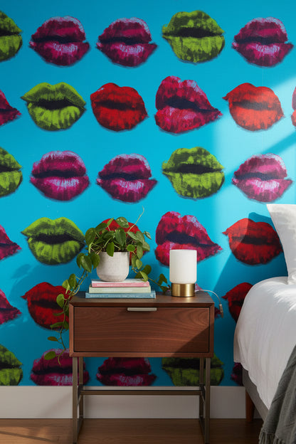 Renkli Dudak Desenli Duvar Kağıdı Turkuaz Pop Art