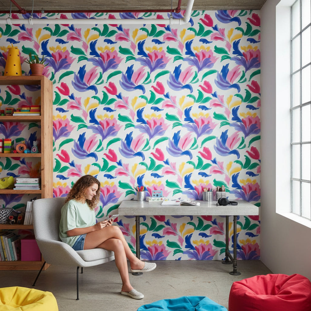 Renkli Suluboya Çiçekli Duvar Kağıdı Modern Salon