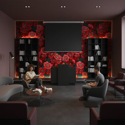 Kırmızı Kiraz Çiçekli Duvar Kağıdı Koyu Zemin Salon