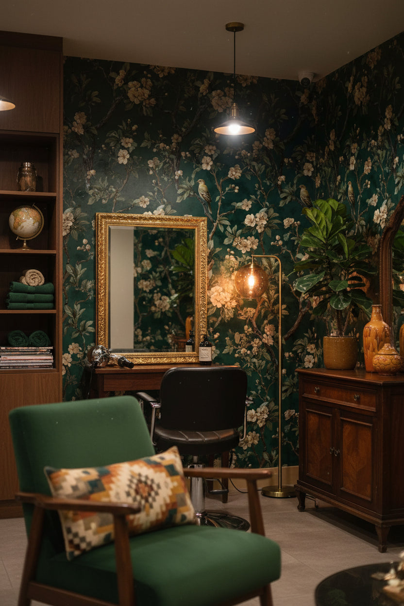 Çiçekli Kuş Desenli Duvar Kağıdı Yeşil Salon